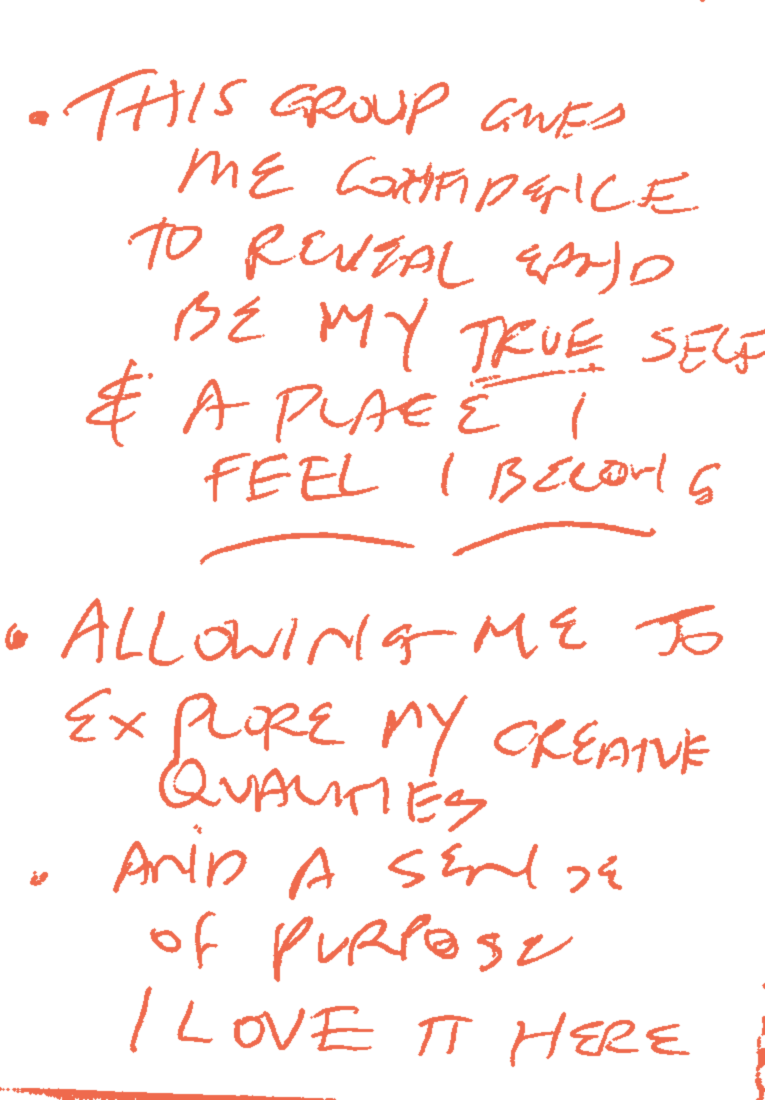 Handwritten note: “This group gives me the confidence to be my true self, and a place I belong. It lets me express my creative qualities and gives me a sense of purpose. I love it here.”